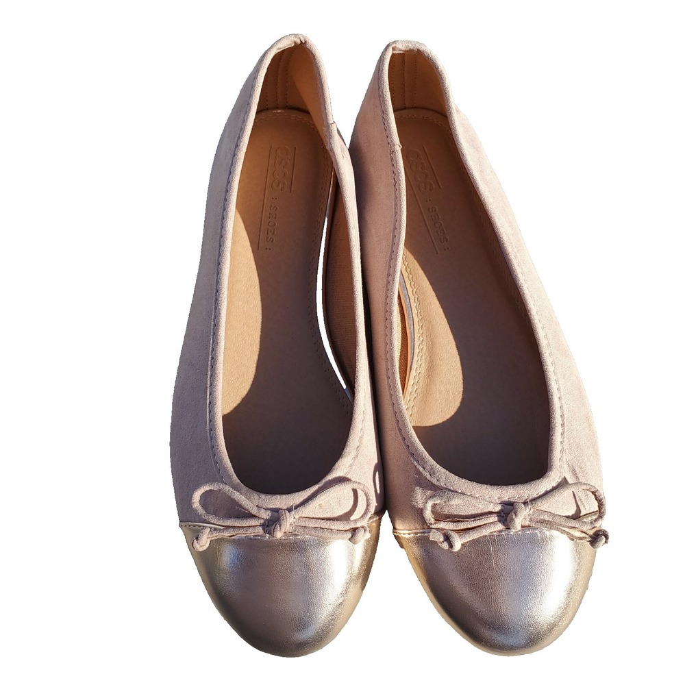 ASOS Womens Ballet Flats Blush Pink Faux Suede Rose Gold Cap Toe Bow US Size 7.5
